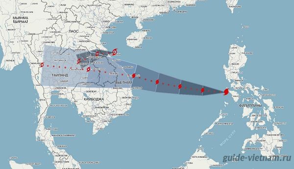 Так выглядит траектория движения ураганов в районе Вьетнама. Их эпицентр находится возле Филиппин
